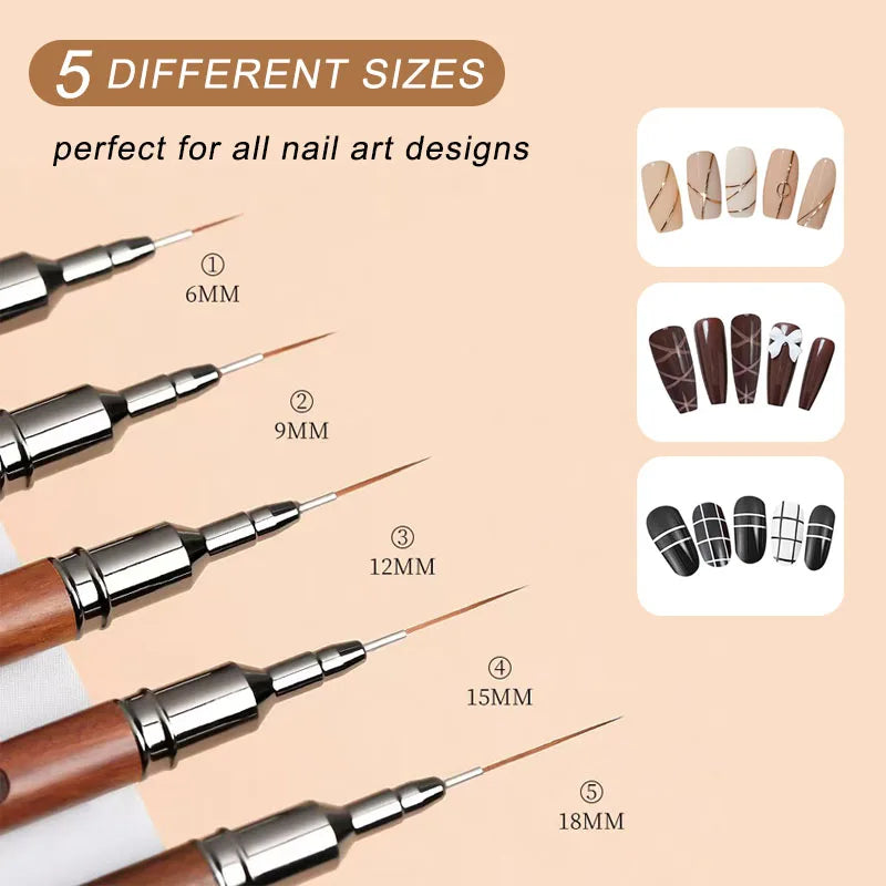 Wooden Nail Art Liner Brush Set – 5 Fine Detail Brushes for Gel Polish & Precision Nail Designs